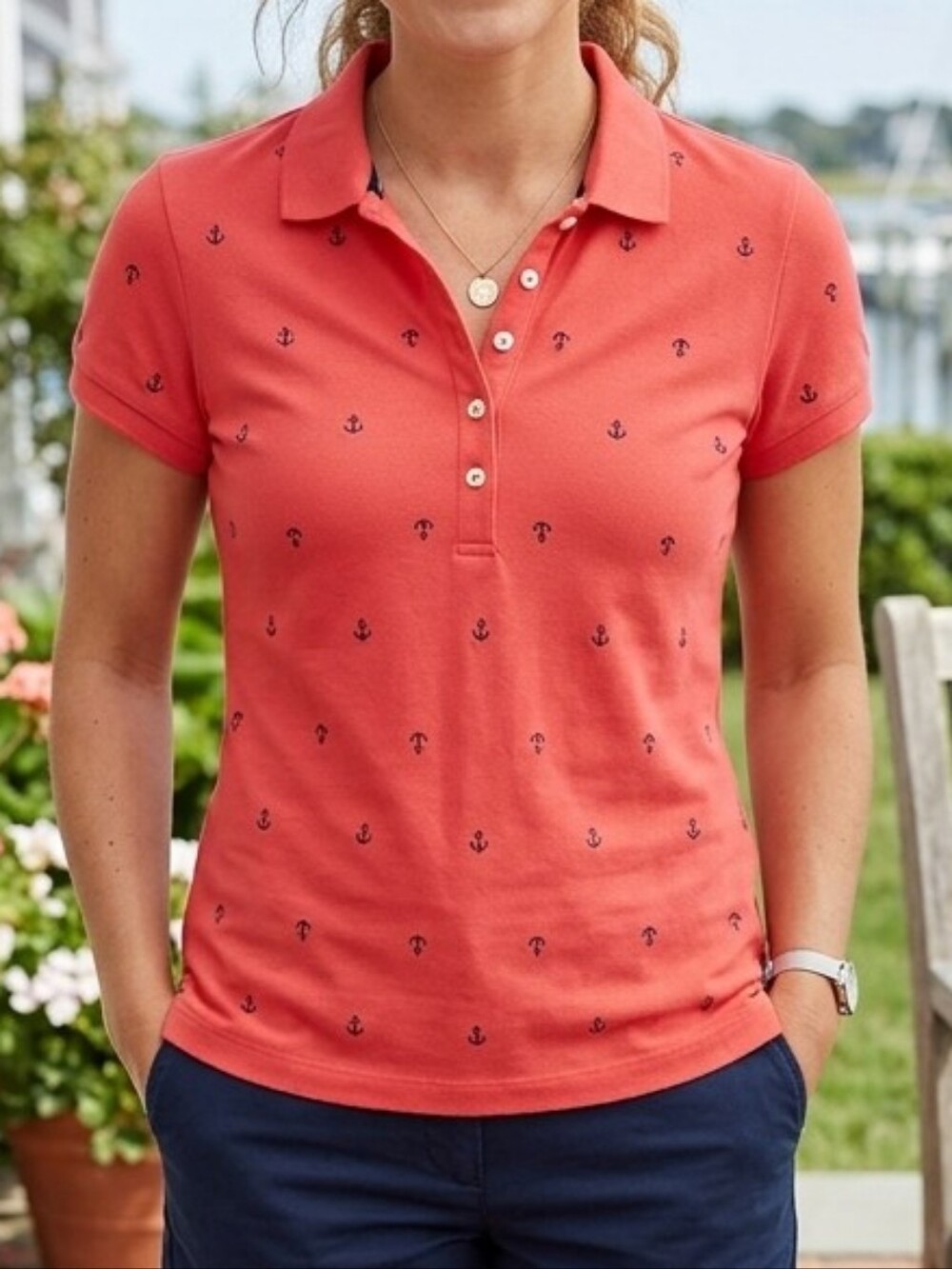 Nautica Women’s Red Anchor Print Polo Shirt Short Sleeve Cotton Classic Fit